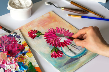 Acrylic painting of flowers in a vase. Acrylic painting at home with texture paste. Impasto. Top...