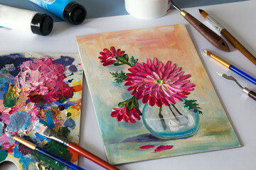 Acrylic painting of flowers in a vase. Acrylic painting at home with texture paste. Impasto. Top...