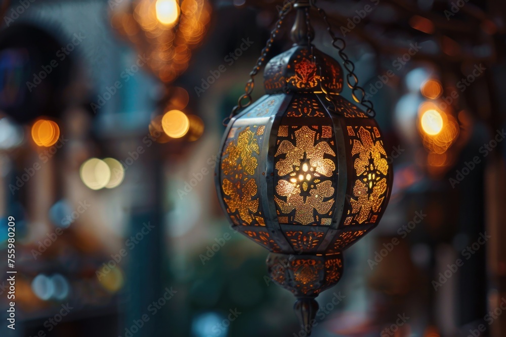 Poster close up of a light hanging from a ceiling. suitable for interior design concepts.