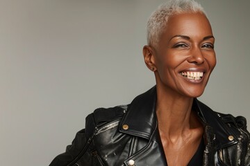 Graceful Aging: Realistic Portrait of Beautiful Smiling Older Black Woman with Gray Hair - 755980264