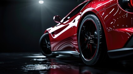 Close up of a red sports car in a dark room. Great for automotive designs.