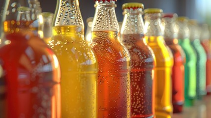 Row of soda bottles on a table, perfect for beverage advertising.