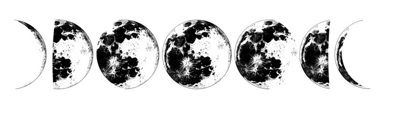 The Phases Of The Moon in the solar system. Astrology or astronomical galaxy space. Orbit or circle. engraved hand drawn in old sketch, vintage style for label. - 755980477