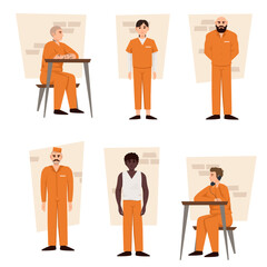 Cartoon police officers and arrested people in handcuffs. Prisoner men and women wearing orange prison uniforms and orange uniform, prison guards on the side, people standing