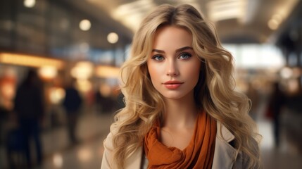 Fototapeta premium Striking girl with long blond hair in shopping mall, perfect beauty.