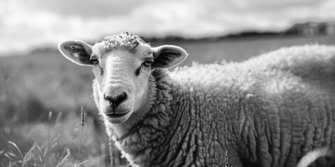 A black and white photo of a sheep in a field. Suitable for agricultural concepts.