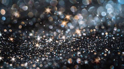 A black and silver glitter background with stars. Perfect for festive designs.
