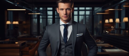 A man in formal wear, with a blazer, dress shirt, tie, and suit, is standing in a room. His collar...
