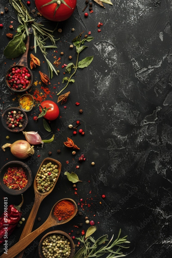 Aufkleber assorted spices and herbs displayed on a black surface. perfect for culinary and food-related projec