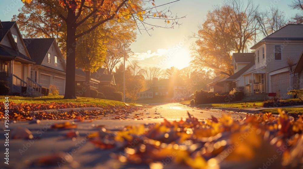 Wall mural A street lined with fallen leaves, suitable for seasonal projects.