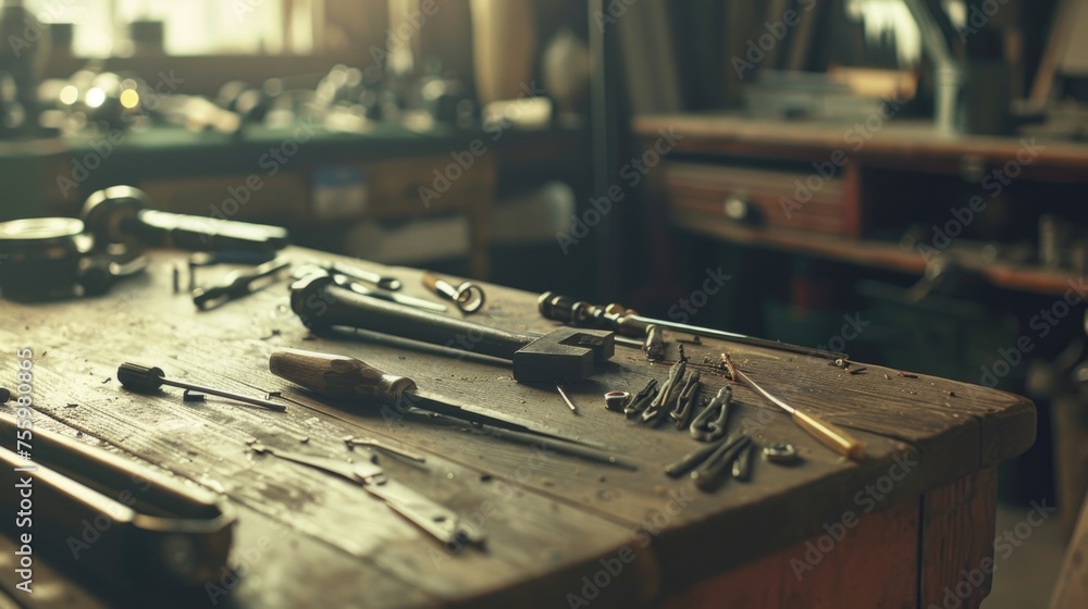 Aufkleber various tools neatly arranged on a wooden table. ideal for diy projects and construction themes.