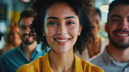 Fototapeta premium Woman with curly hair smiling in front of a group of people. Suitable for business and teamwork concepts.