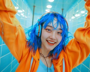 A woman with vibrant blue hair listening to music using headphones.