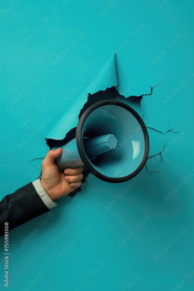 Poster A hand holding a megaphone through a hole in a wall. Can be used for advertising or communication concepts.