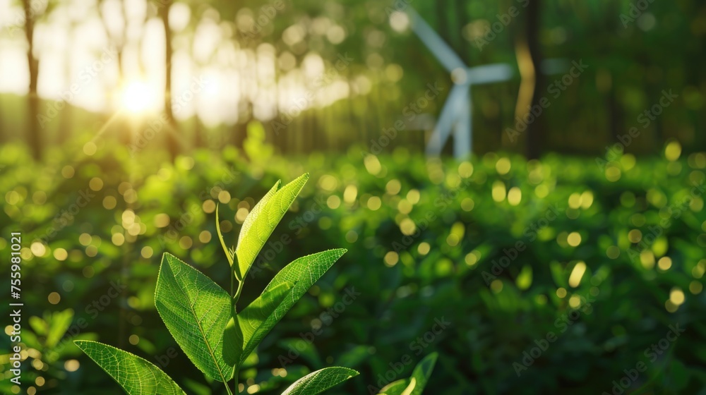 Poster a scenic view of a green plants field with a wind turbine in the background. suitable for eco-friend