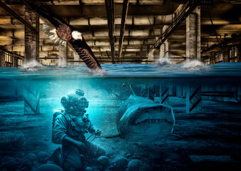 Grafika przedstawia fotorealistyczny obraz nurka, który z niezachwianą odwagą i ciekawością przemierza zatopione przestrzenie fabryki. Towarzyszy mu rekin, symbolizujący nie tylko niebezpieczeństwa. - obrazy, fototapety, plakaty
