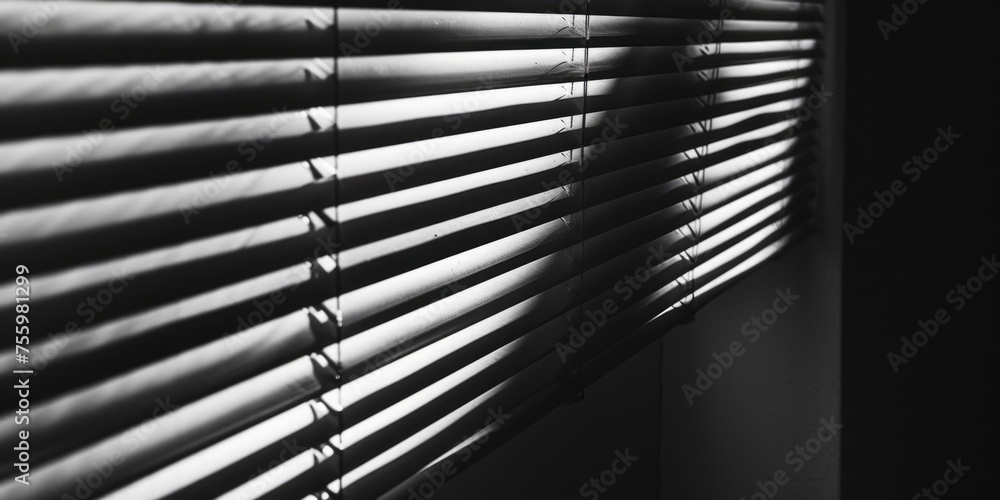 Poster A person standing in front of a window with blinds. Suitable for interior design concepts.