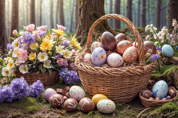 Basket filled with Easter eggs sits on the grass next to a basket of flowers. Easter background