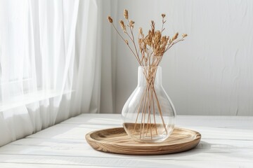 Dried flowers in a vase on a wooden tray, perfect for home decor.