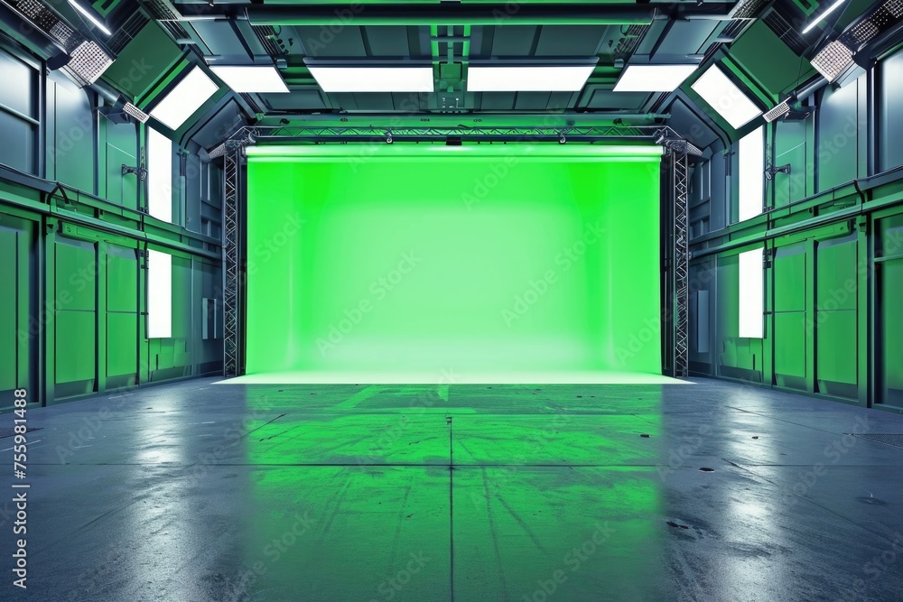Poster a green screen setup in a spacious room. perfect for video production projects.