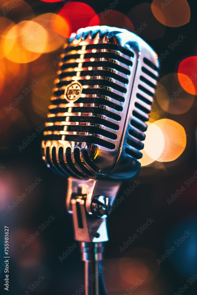 Poster Close up of a microphone on a stand. Perfect for music and performance concepts.