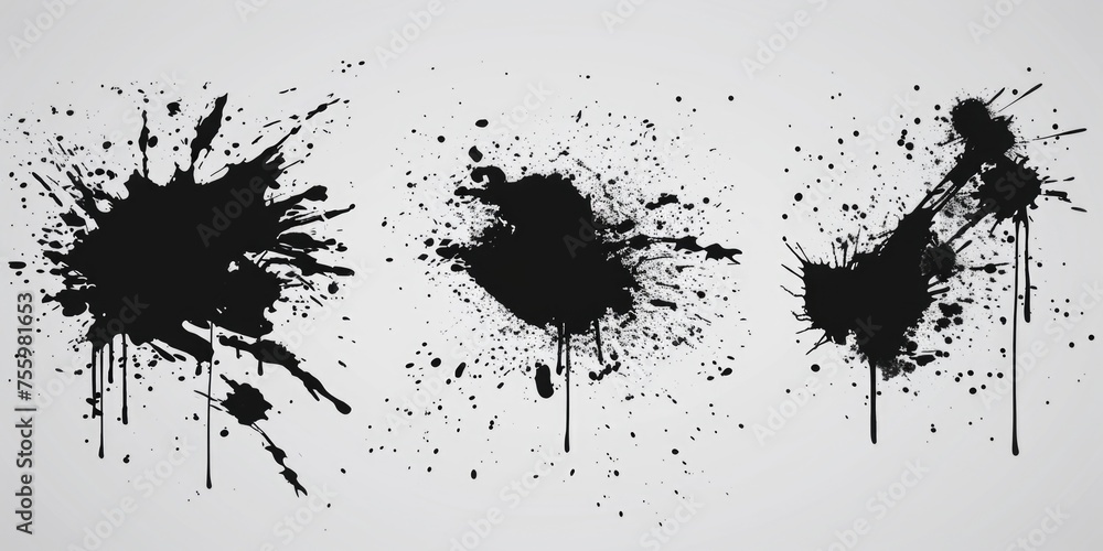 Poster abstract black ink splatters on a clean white background. suitable for graphic design projects.