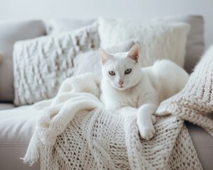 A white cat is comfortably sprawled on the backrest of a beige couch.