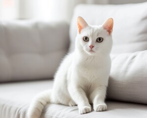 A white cat is perched calmly on the backrest of a beige couch in a living room setting.