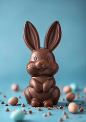 Chocolate easter bunny with eggs decoration, isolated on blue background. Luxury chocolate, Easter holiday. Delicious milk, dark chocolate bunny.	