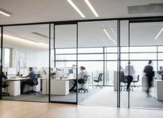 a group of people in an office setting with glass walls and a person walking 