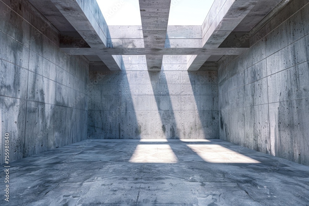 Poster a room with concrete walls and a skylight, suitable for architectural projects.