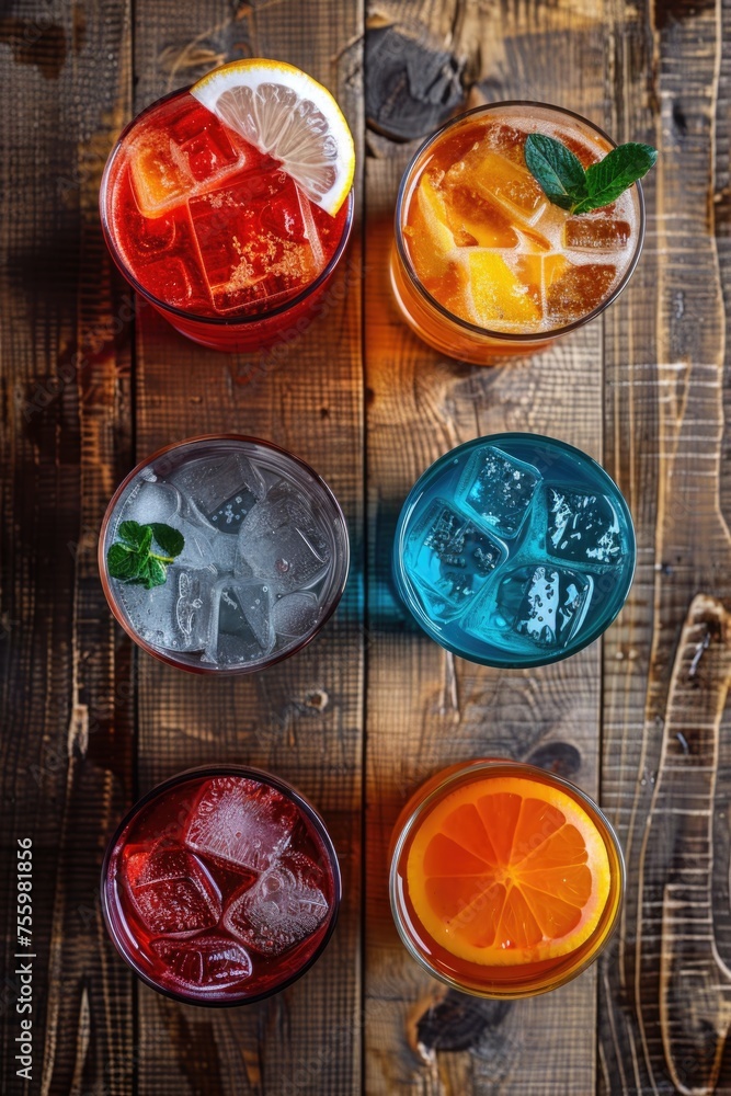 Poster a wooden table with four different types of drinks. ideal for beverage or restaurant concepts.