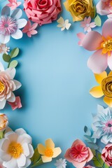 Fototapeta na wymiar Colorful Paper Spring Flowers. Floral Frame on Light Blue Background. Greeting card with space, top view. Mother's Day, Woman's Day, Easter, Valentine's Day, Wedding, and Birthday celebration concept.