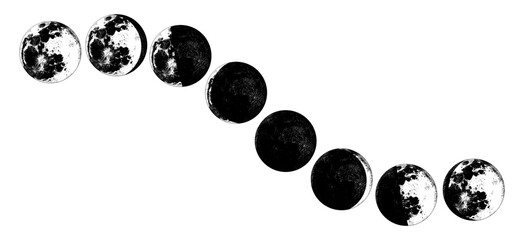 The Phases Of The Moon in the solar system. Astrology or astronomical galaxy space. Orbit or circle. engraved hand drawn in old sketch, vintage style for label. - 755981809