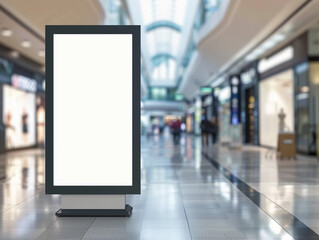 Contemporarz digital signboard mockup in a shopping gallerz, featuring a blank black and white screen with a blurred background for advertisement 