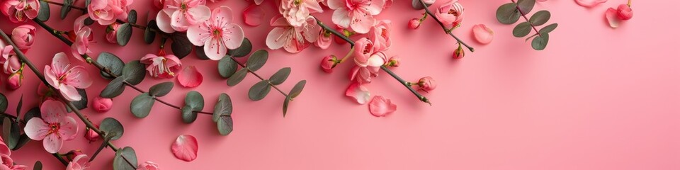 Pink flowers and eucalyptus branches on pink background. Greeting card for Mother's Day, Woman's Day, Easter, Valentine's Day, Wedding, and Birthday celebration. Flat lay, empty space, top view.