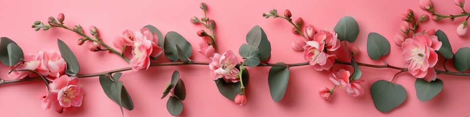 Pink flowers and eucalyptus branches on pink background. Greeting card for Mother's Day, Woman's Day, Easter, Valentine's Day, Wedding, and Birthday celebration. Flat lay, empty space, top view.