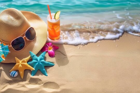 Straw hat with a exotic cocktail and sunglasses on sand beach. Summer Holidays concept. generative ai.