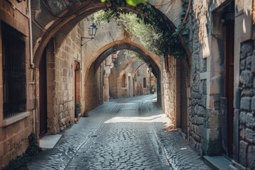 Fototapeta premium Stone arch on a narrow cobblestone street, perfect for historical or architectural projects.