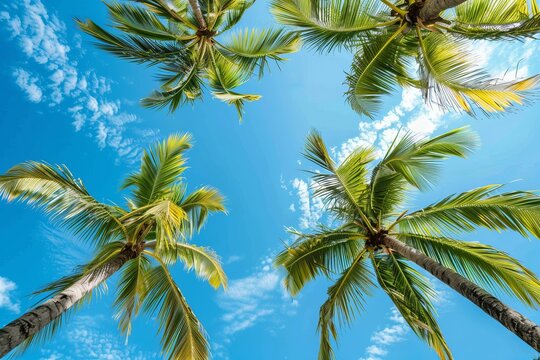 Green palm tree against blue sky and white clouds. Tropical nature background