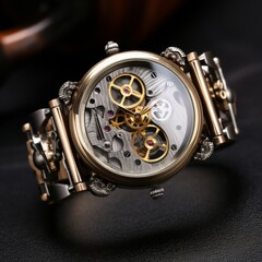 Detailed view of a watch resting on a black table.