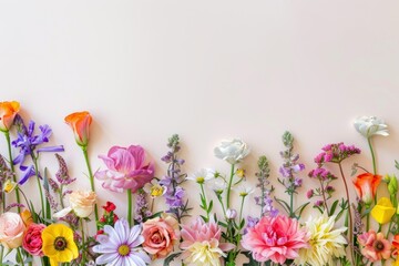 Colorful Spring Flowers. Floral Background. Greeting card with space, top view. Mother's Day, Woman's Day, Easter, Valentine's Day, Wedding, and Birthday celebration concept.