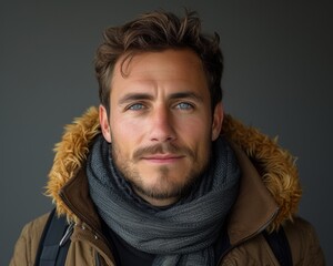 A man wearing a scarf around his neck and sporting a beard.