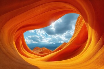 Great canyon in Arizona with orange hills and cloudy blue sky and sun rays