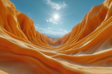 The sun shines brightly, casting brilliant light over a vast and arid desert landscape.