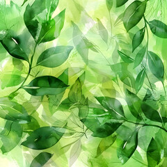 Watercolor seamless pattern with green leaves. Hand-drawn illustration.