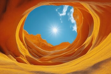 Circle view of Great canyon in Arizona with orange hills and cloudy blue sky and sun rays