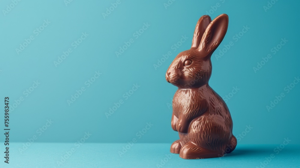 Poster chocolate easter bunny decoration, isolated on blue background. luxury chocolate, easter holiday. de