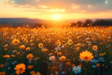 A field filled with vibrant yellow and white flowers blooming under the sunshine, creating a colorful and lively landscape.
