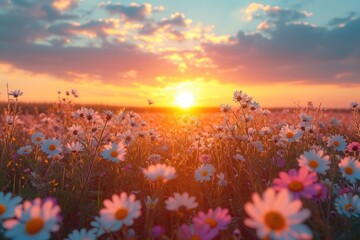 The sun is casting its golden light over a meadow filled with blooming daisies as it sets in the horizon.
